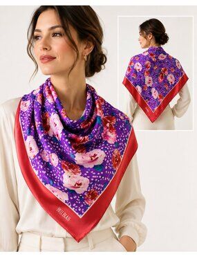 Vintage 80s Bill Blass Silk Scarf Purple Floral Red Border 35 x 35